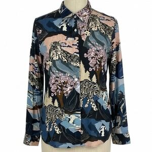 Las Surenas XL Linen Cotton Snow Leopard Cherry Blossom Button Down Shirt Blue